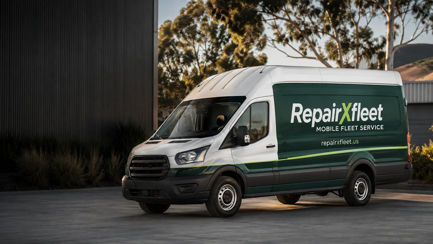 White and forest-green RepairXfleet service van with lime branding at a California fleet facility