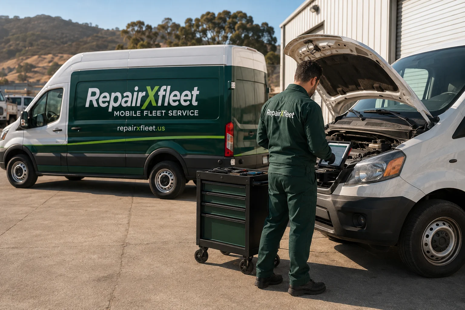 RepairXfleet branded service van beside a mobile vehicle diagnostics setup